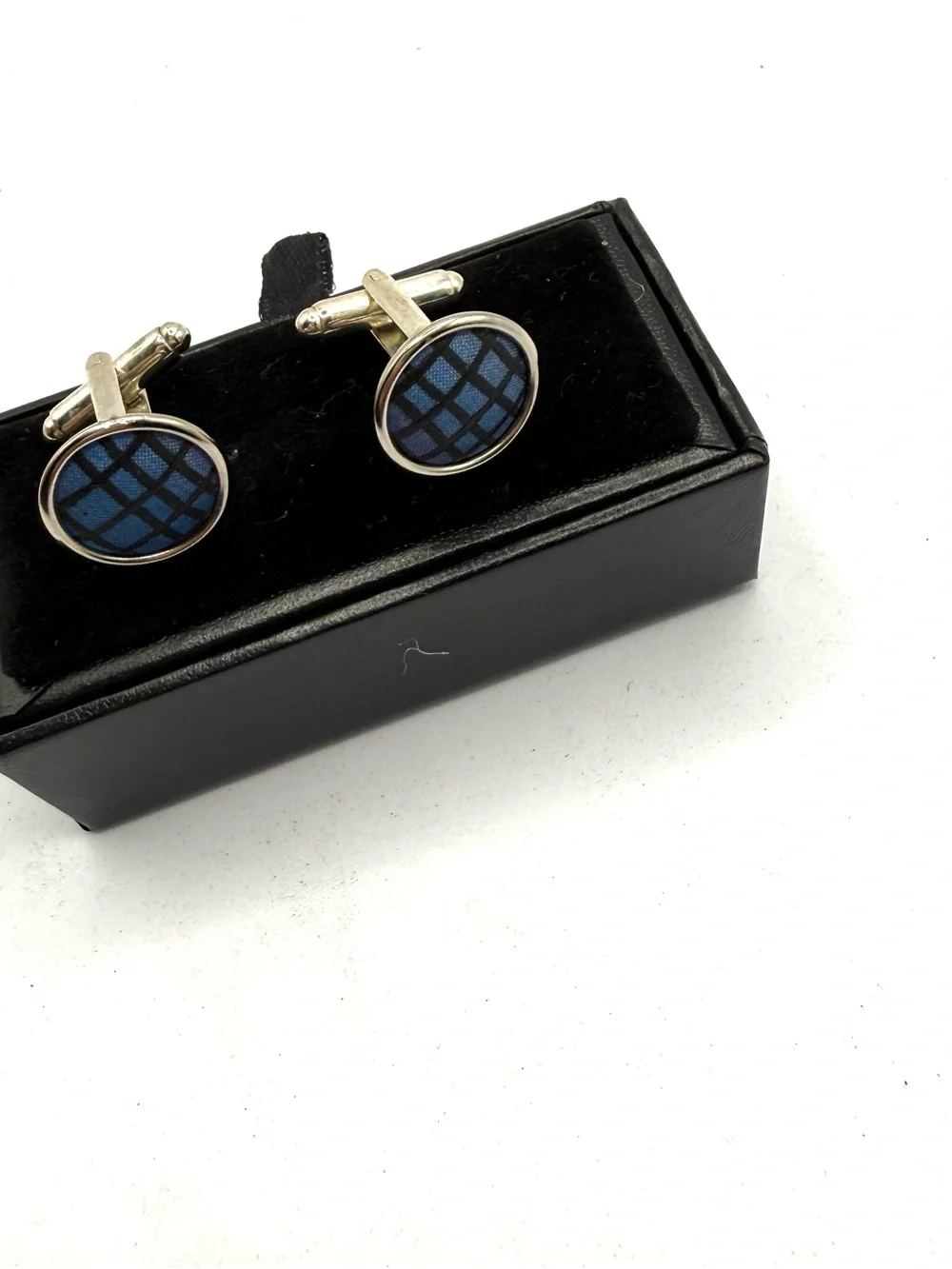 Men's  Silk Blue Plaid Oval Cufflinks - Silver Frame